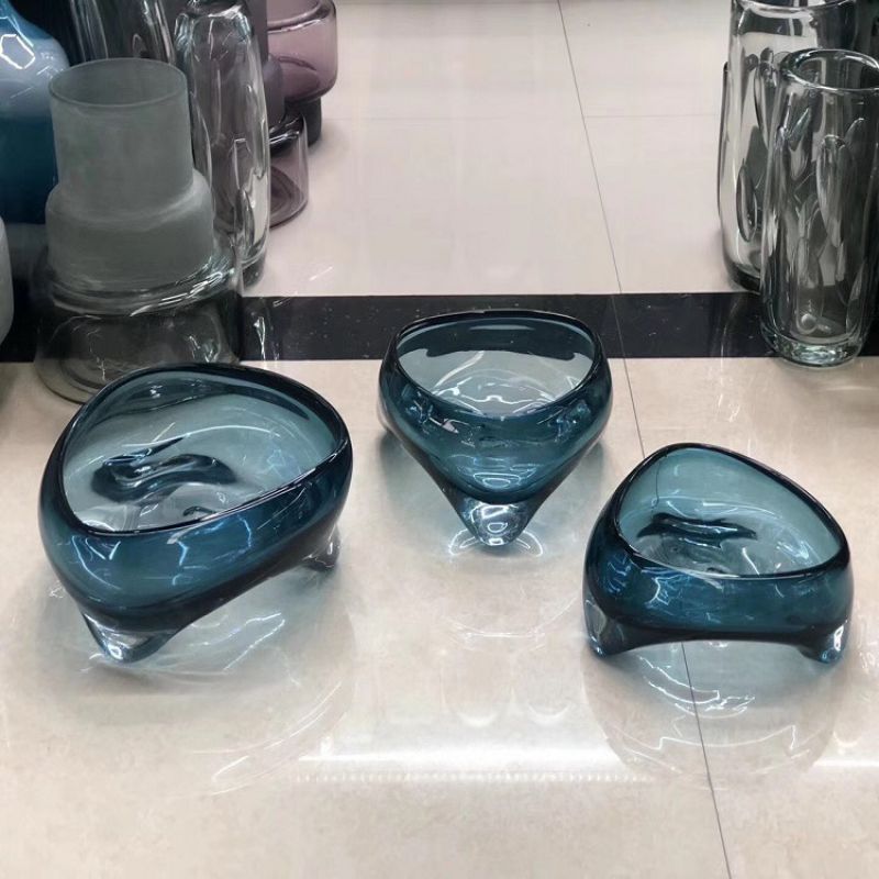 简约现代蓝色茶色透明玻璃水果盘摆件 餐桌样板间收纳托盘水果盘